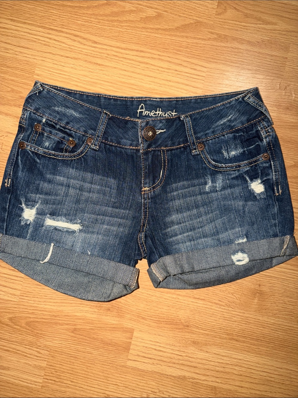 Amethyst Jeans Women's Distressed Blue Rolled Cuff Denim Shorts